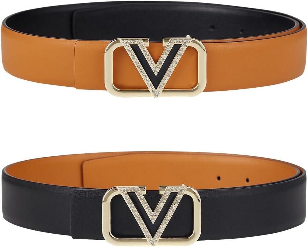 Women Reversible Leather Belt with Fashion V Gold Buckle for Dresses, Jeans, and Coats,width 1.3″
