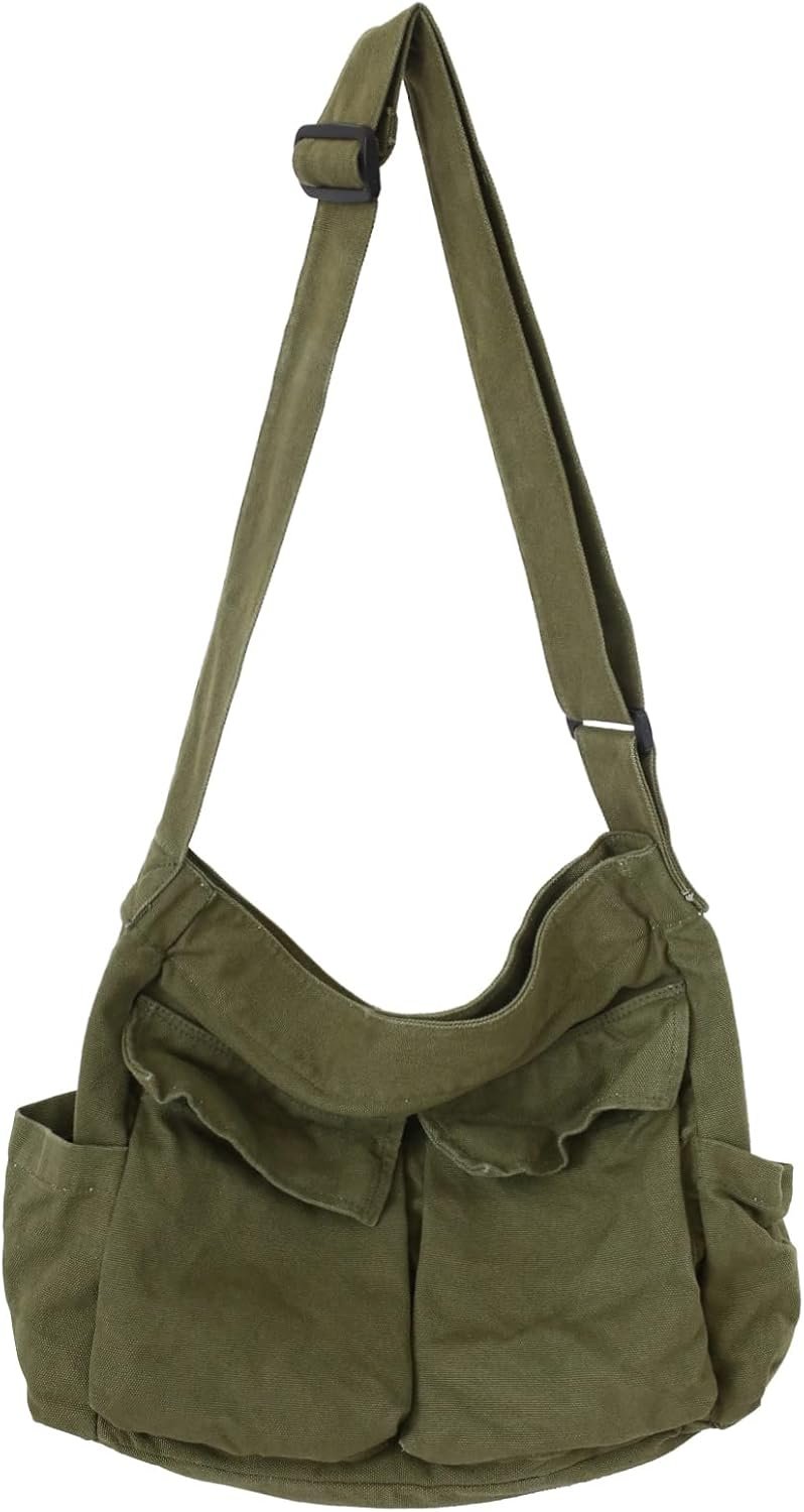 KlaOYer Canvas Messenger Bag Large Hobo Bag Crossbody Shoulder Bag Tote Bag with Pocket for Women and Men