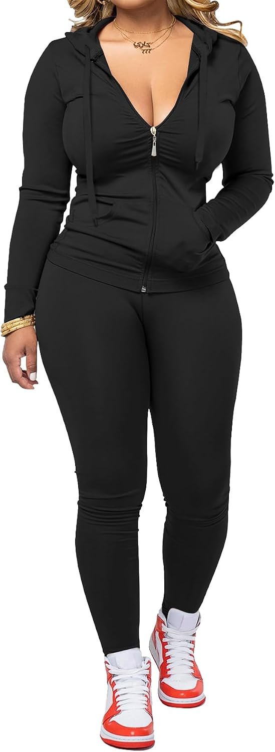 AUXDIO Women 2 Piece Outfits Casual Workout Sets Bodycon Tracksuit Zip Up Long Sleeve Hoodle Jacket Jogger Pants Set