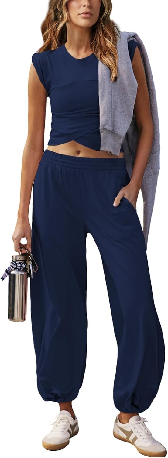 Outfeel Women 2 Piece Outfit Set Loungewear Cropped Tops and Jogger Sweatpant Matching Set Coordinated Sweatsuit with Pockets