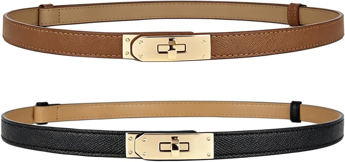BEMYLV Skinny Belts for Women Dresses Turn-Lock Gold Buckle Adjustable Fashion Waist Belt for Pants Jeans Business Casual