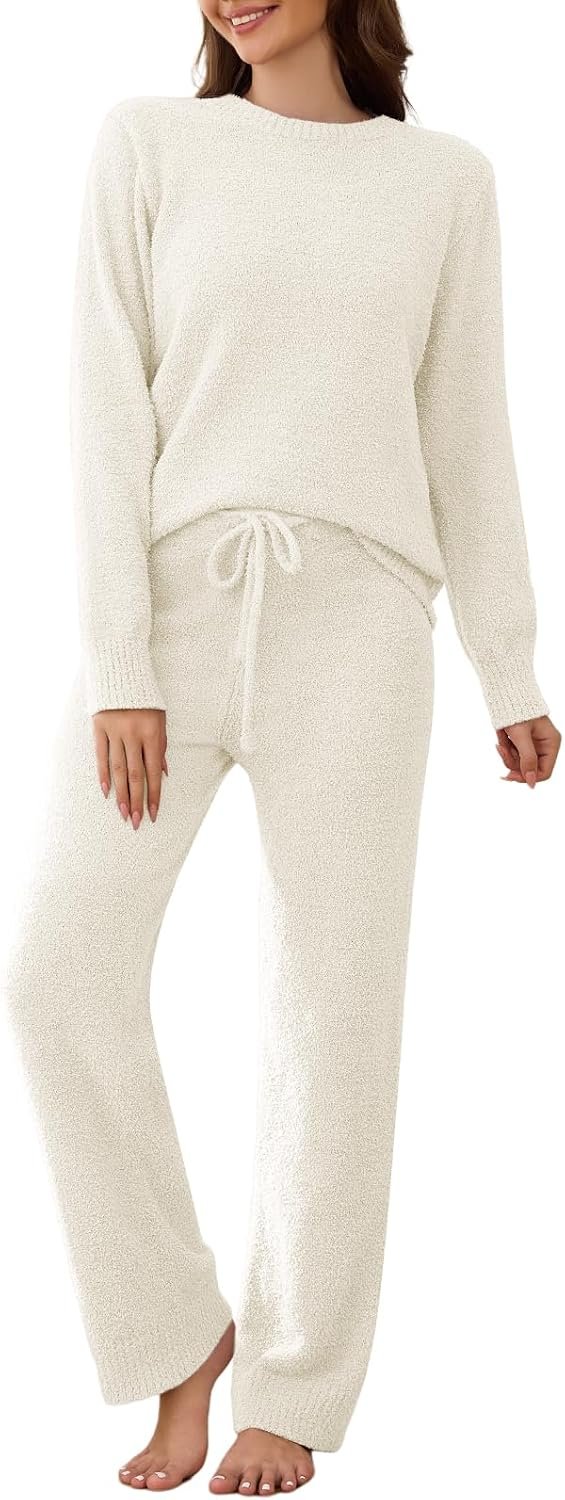Women’s Fuzzy Fleece Pajama Set 2 Piece Long Sleeve Lounge Sets Winter Knitted Pj Loungewear Outfits Sleepwear