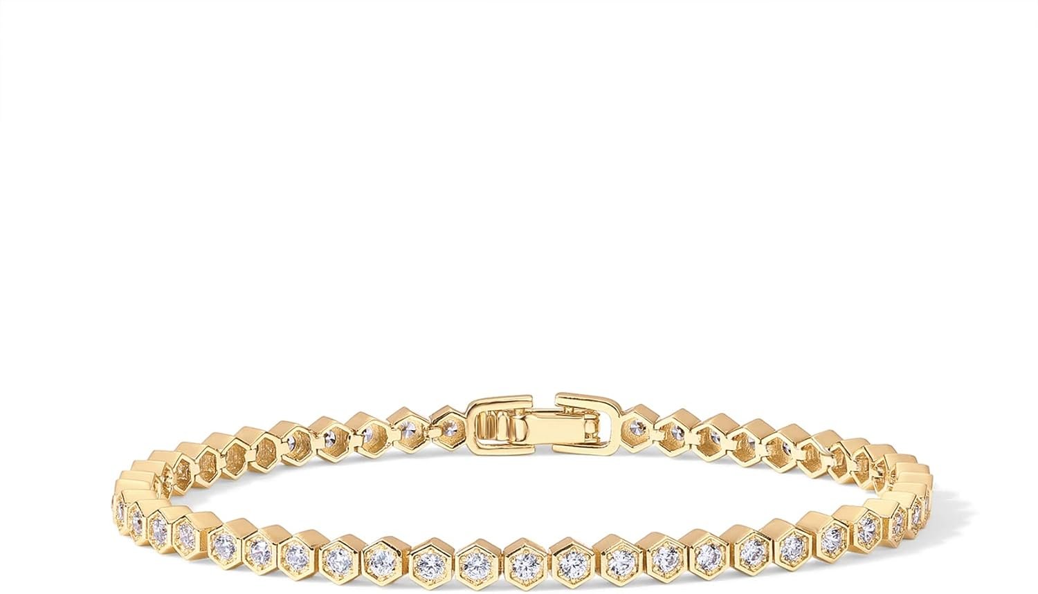 PAVOI 14K Gold Plated 2mm Cubic Zirconia Honeycomb Tennis Bracelet | Gold Bracelet for Women