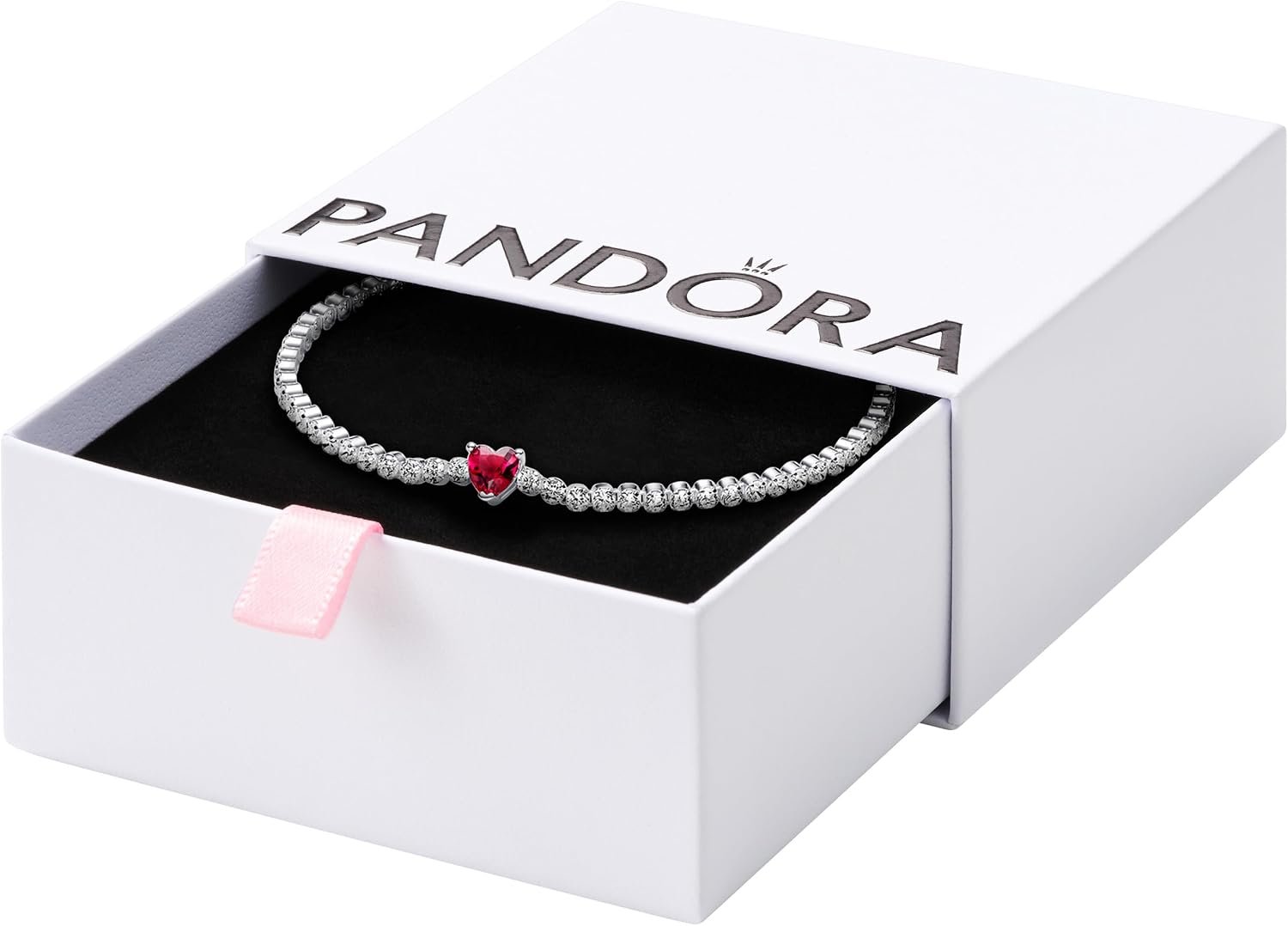 PANDORA Red Sparkling Heart Tennis Bracelet – Gift for Her – Sterling Silver with Man-Made Crystal – With Gift Box