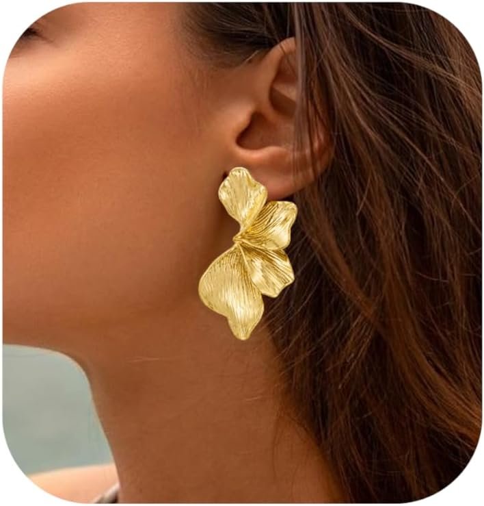 Big Gold Flower Statement Earrings for Women, 14K Gold Plated Chunky Unique Starfish Leaf Floral Drop Earrings, Large Fall Earrings Jewelry Gift