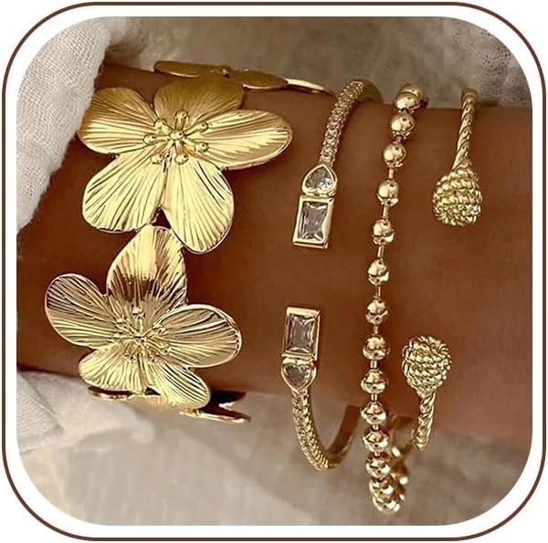 Gold Bangle Bracelets for Women, Dainty Floral 14K Gold Plated Bangles Cuffs Stackable Set, Multi Layer Chunky Bracelets for Women Jewelrys Set
