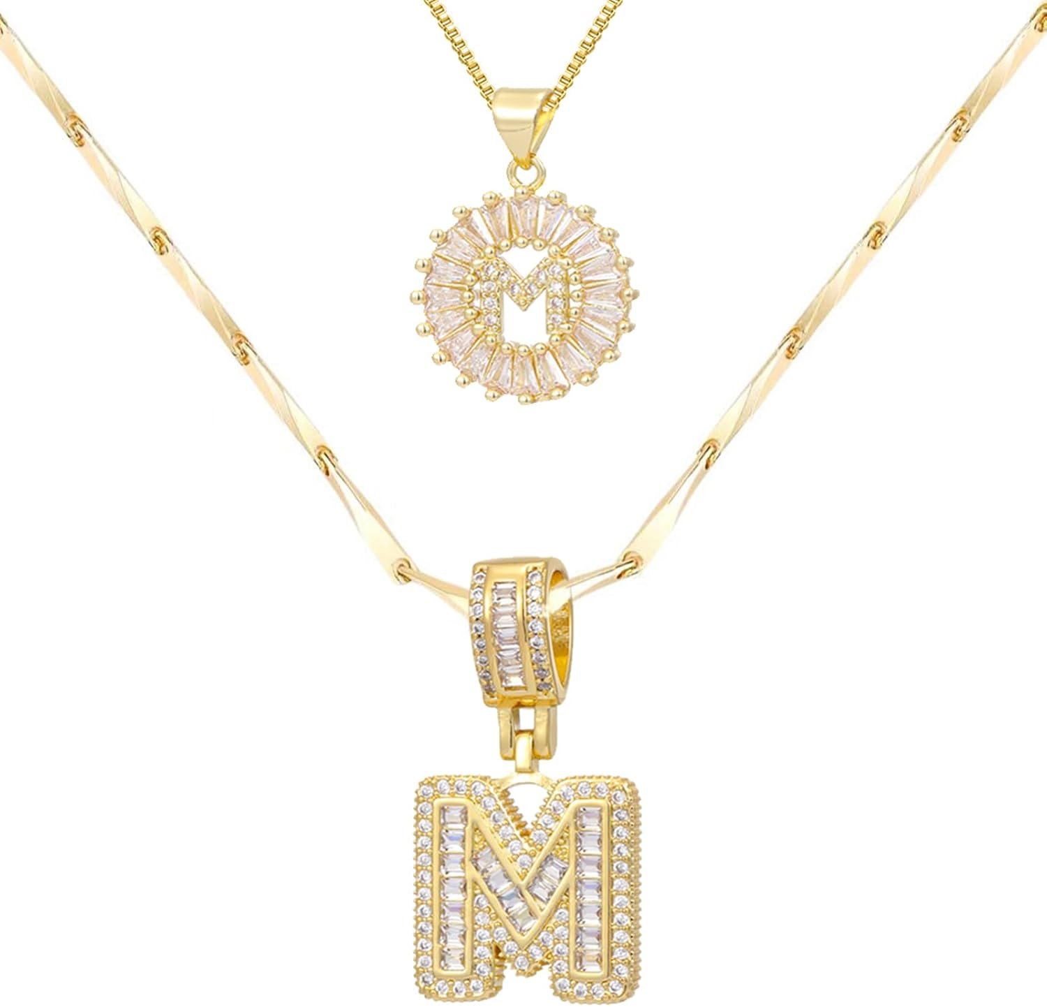 Gold/Silver Letter Necklace for Women,14K Gold Plated Initial Necklaces,Personalized Custom Name Jewelry,Initials Pendent Necklace for Couple,2PCS Trendy Bling Jewelry for Mom Girfriend