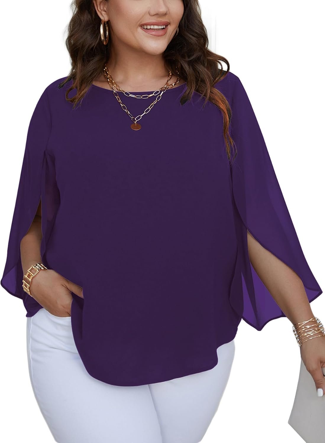 SCOMCHIC Plus Size Blouses for Women Summer Chiffon 3/4 Sleeve Tunic Tops Dressy Scoop Neck Casual Loose Flowy Shirts