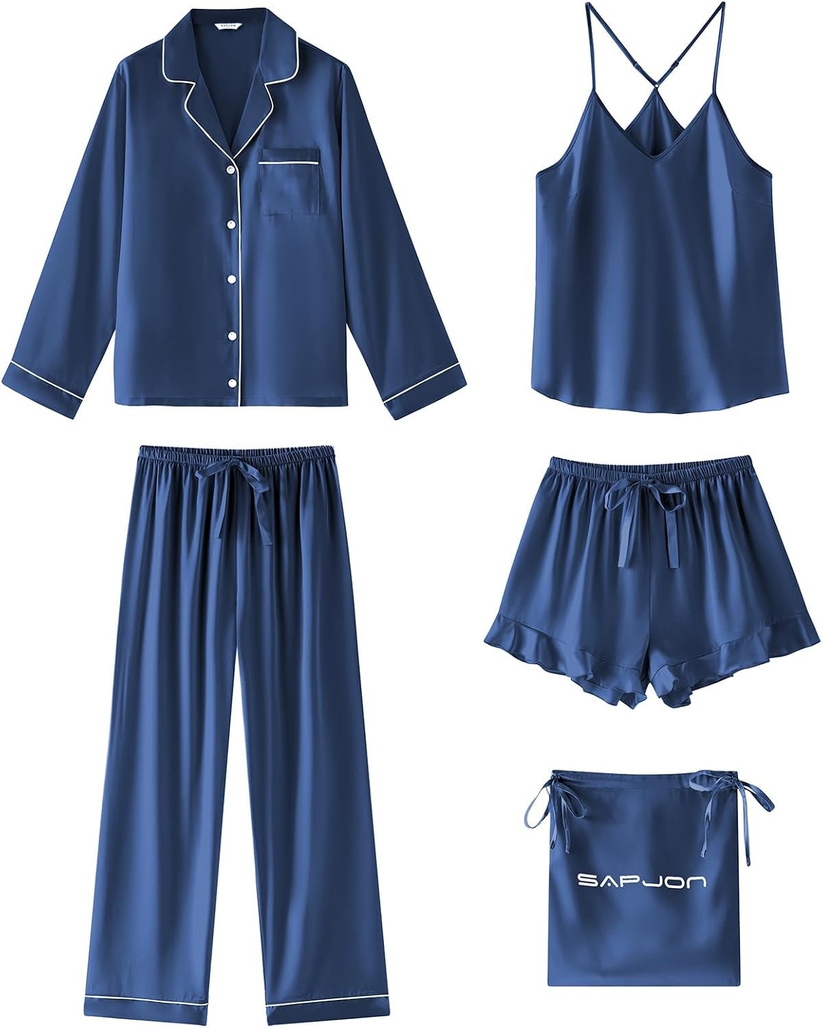 SAPJON Satin Silk Pajamas for Women Set 5PCS Classic Button Down Pajamas Top and Pants Cami and Ruffle Shorts Sleepwear