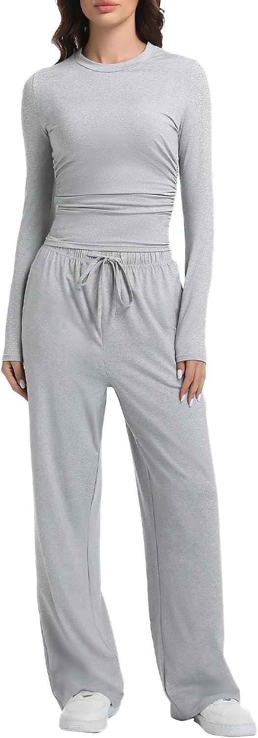 2 Piece Lounge Sets for Women Fall Outfits Long Sleeve Wide Leg Tracksuits Womens Two Pcs Casual Matching Loungewear Set