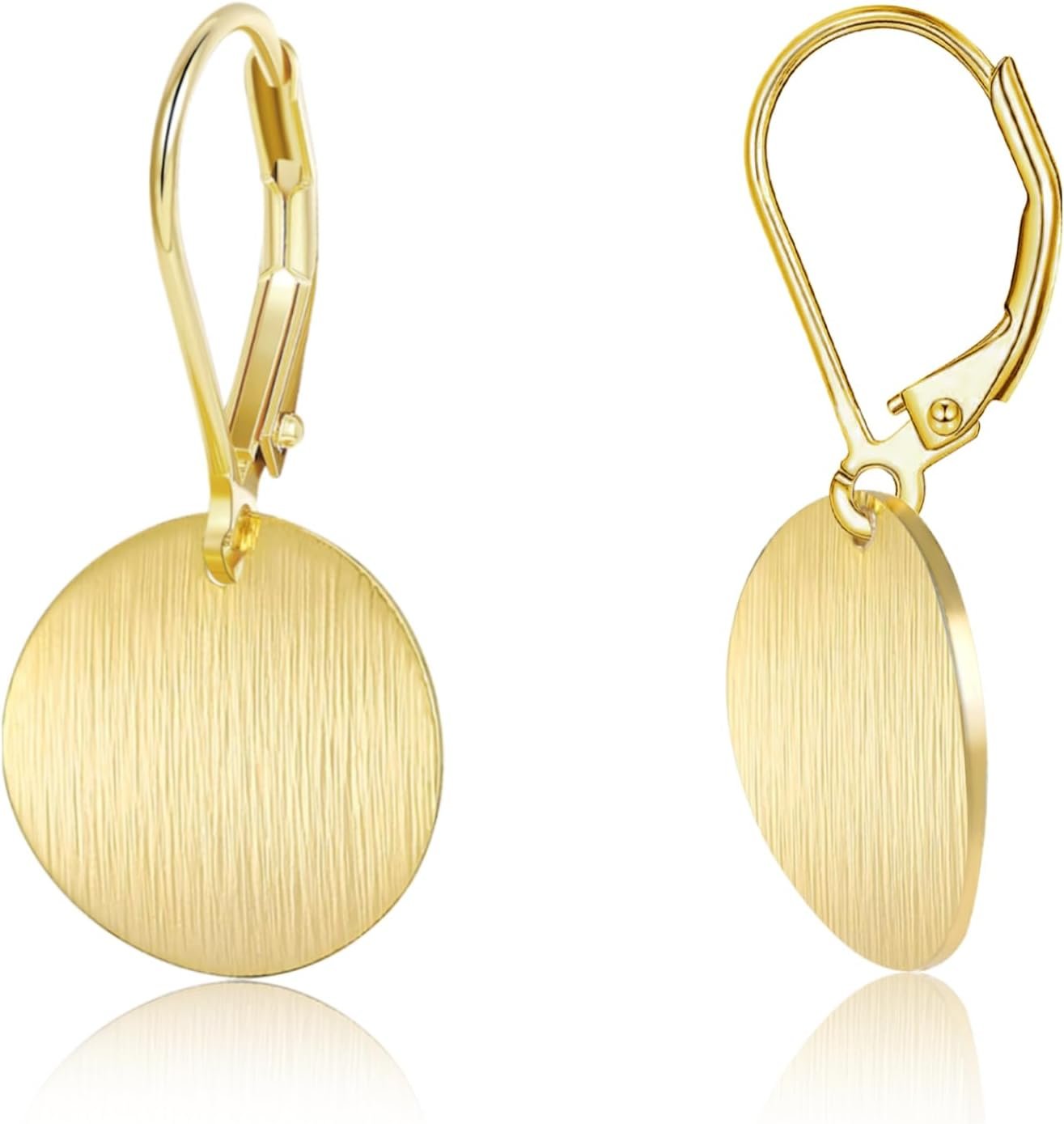 14K Gold Dangle Earrings for Women，Lightweight Circle Disc Coin Geometric Flat Brushed Drop Earrings, Hypoallergenic Leverback Earrings Jewelry