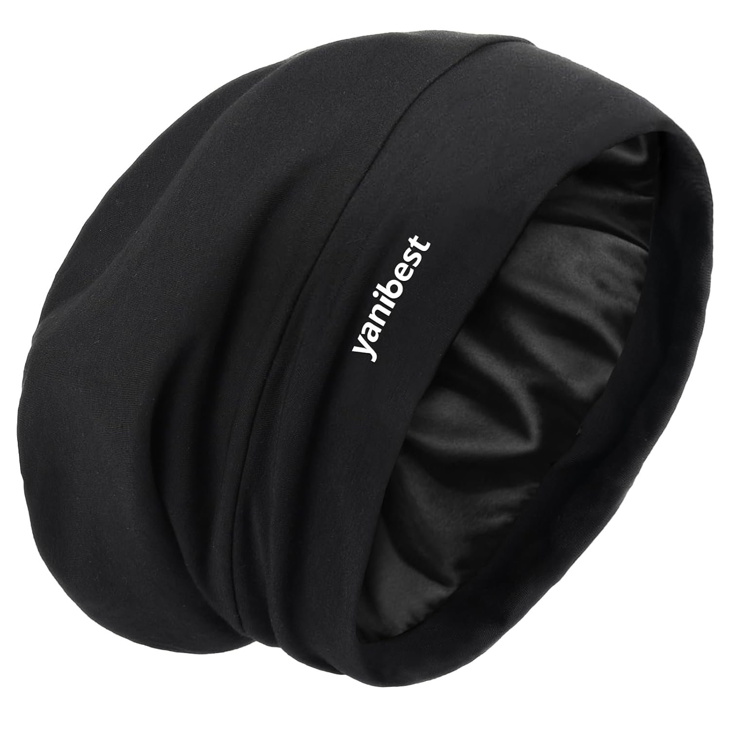 YANIBEST Slouchy Beanie Hat Satin Lined Sleep Cap Satin Bonnet Chemo Headwear Caps for Women and Men Pure Black