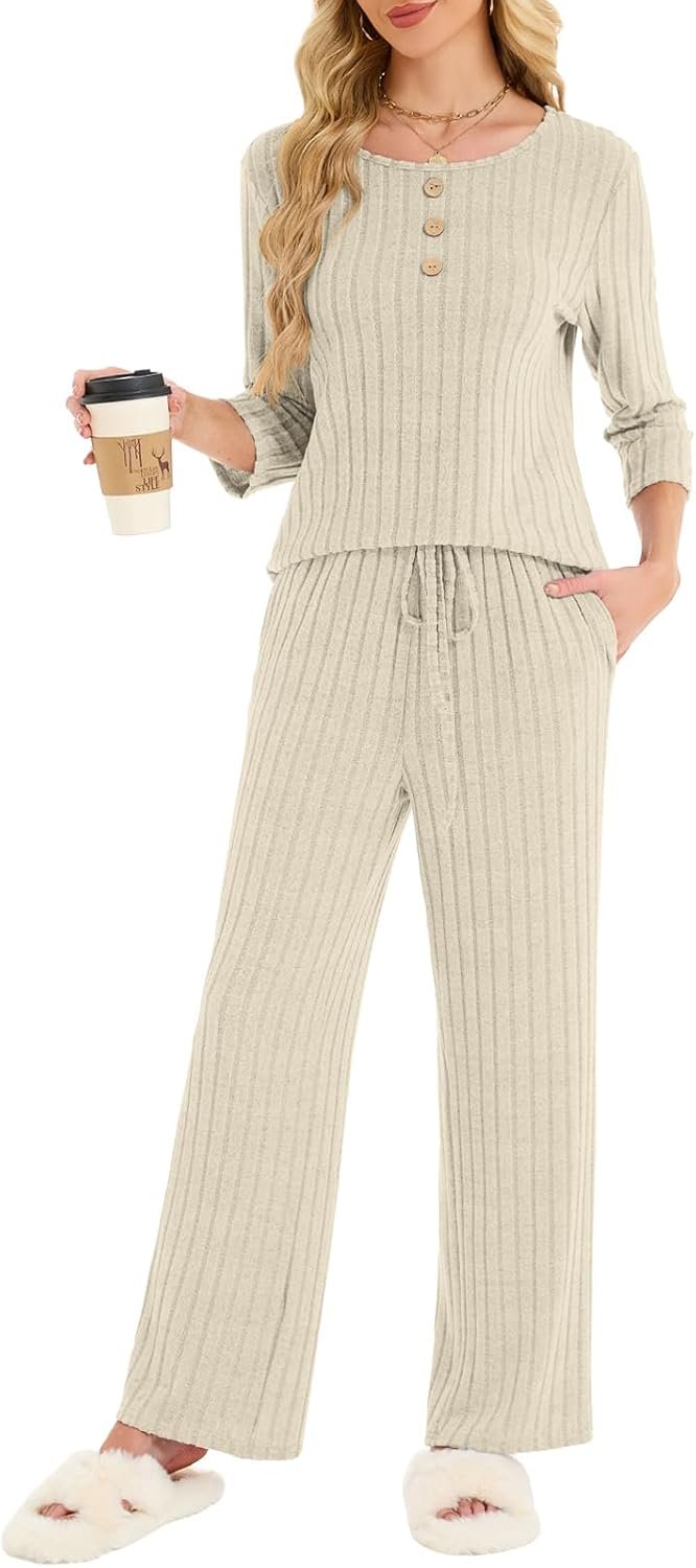 VUTRU Women Two Piece Pant Set Matching Fleece Lounge Outfits Cooling Pajamas 3/4 Sleeve Comfy Travel Airport Casual Clothes, Apricot XL
