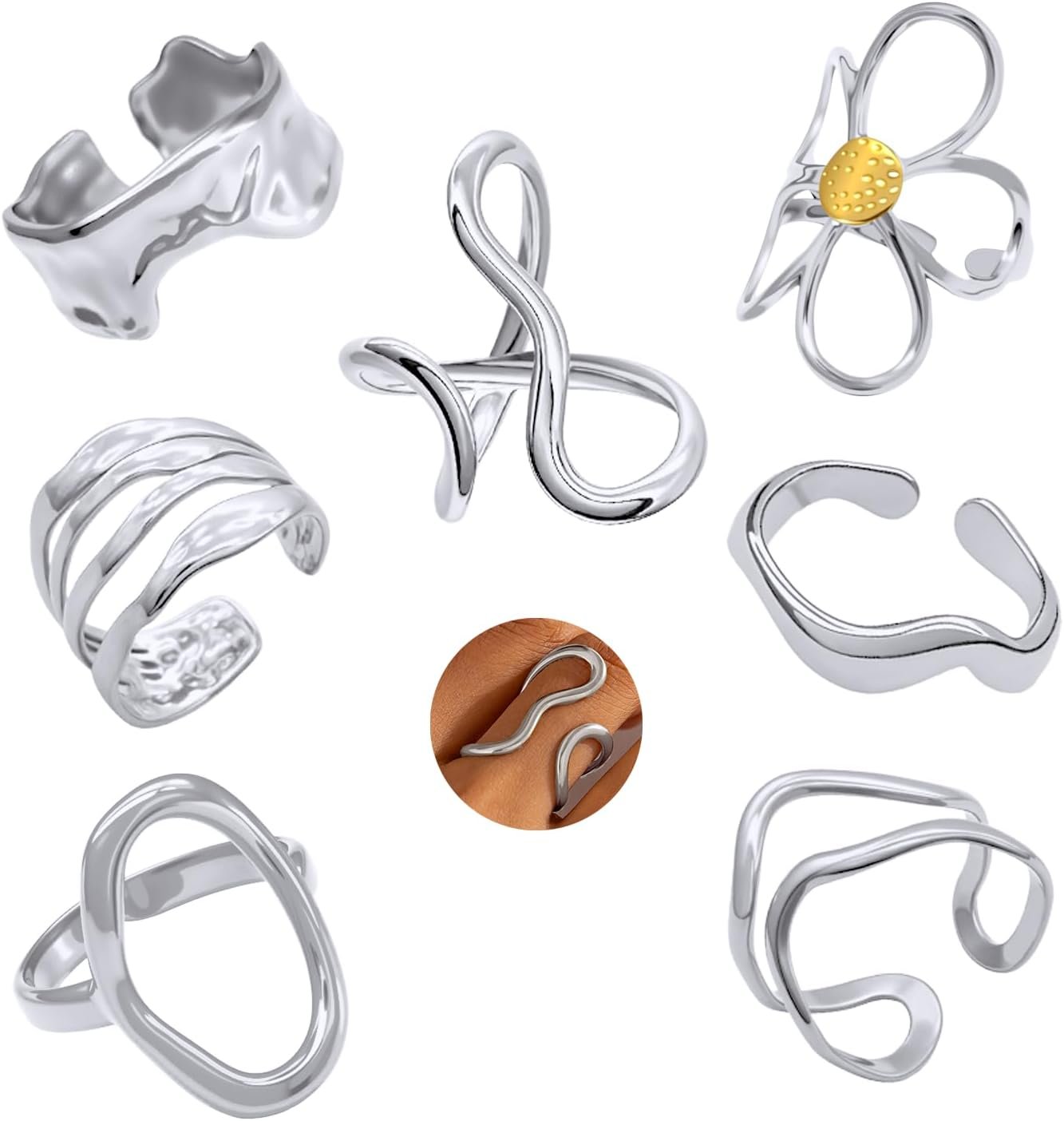 Gold Chunky Rings for Women Asymmetrical Wavy Curve Thumb Ring Irregular Thick Open Statement Rings Adjustable Stainless Steel Flower Finger Rings Non Tarnish