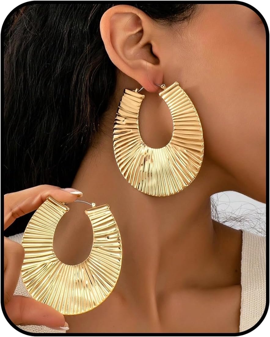 Gold Statement Earrings for Women, Textured U-Shaped Chunky Large Hoop Bold Exaggerated Minimalist Vintage Golden Casual Outfits Fashion Jewelry Gift