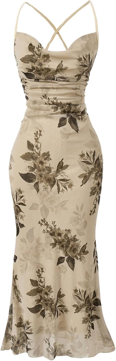 SOLY HUX Women’s Floral Mesh Bodycon Cami Dress Cowl Neck Sleeveless Cocktail Party Wedding Guest Long Maxi Dresses
