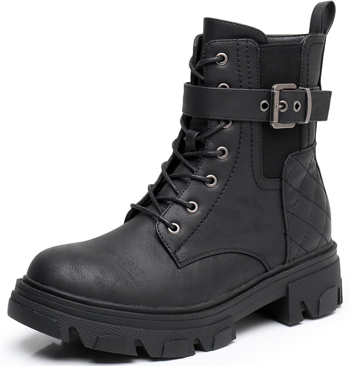 GLOBALWIN Women’s Combat Boots Lace Up Ankle Booties Comfortable Lug Sole Boots For Women Chunky Low Heel