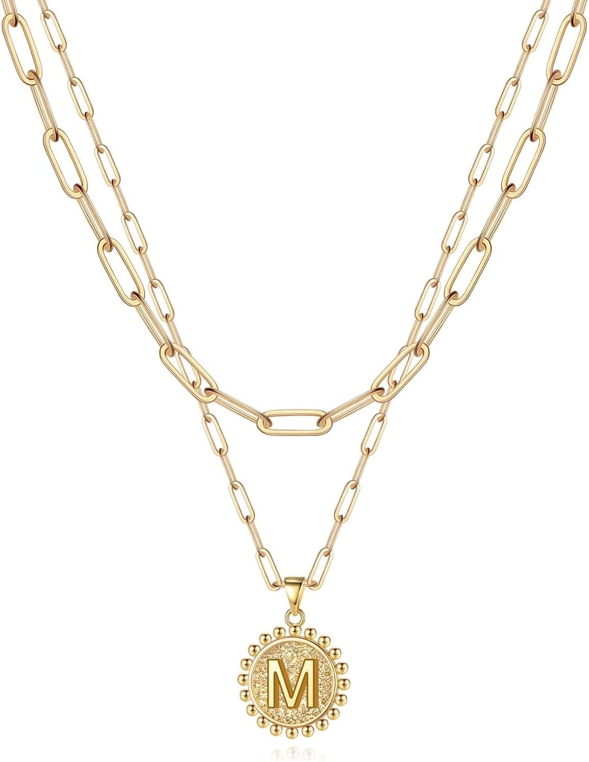 Yoosteel Layered Initial Necklaces for Women Trendy – 14K Gold-Plated Dainty Layering Paperclip Chain Coin Initial Necklace Jewelry Gifts for Women Mom Wife Teen Girls