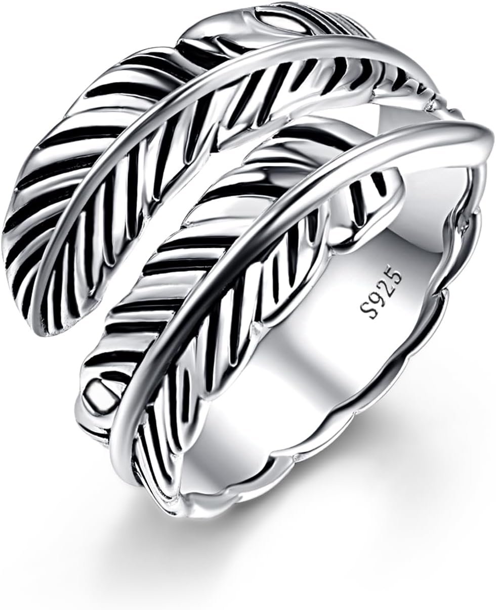 AVECON Sterling Silver Feather Ring with Black Onyx & Turquoise – Adjustable Stacking Vintage Statement Ring for Women & Men