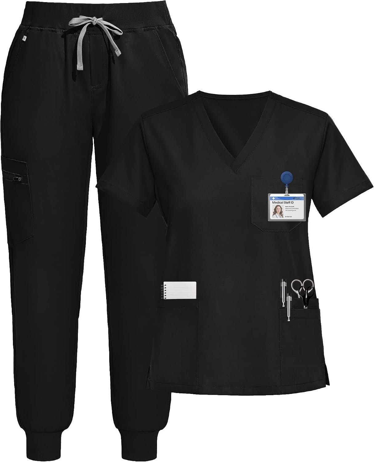 Scrubs for Women Set, Stretchy V-Neck Top & Jogger Pants with Multi-Pocket Yoga Waistband