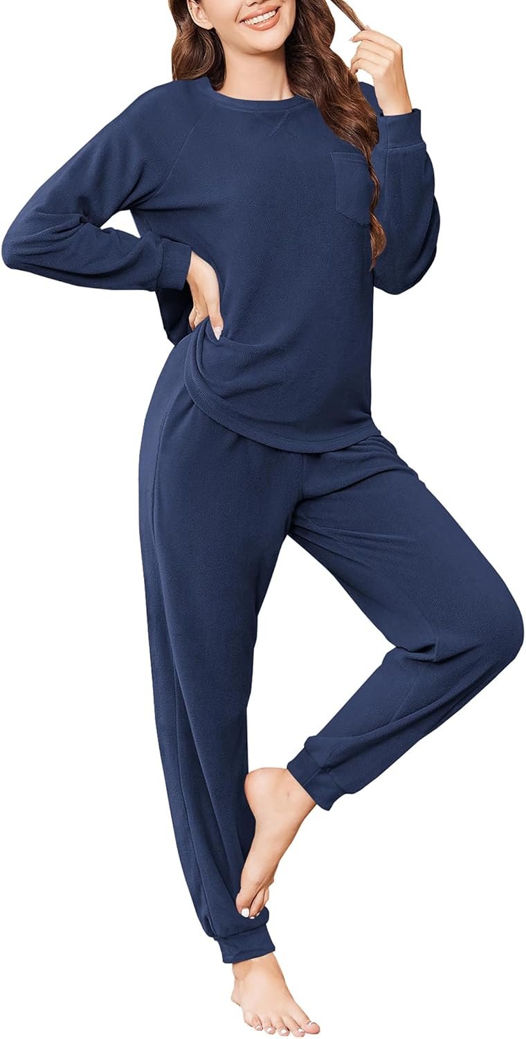 Ekouaer Womens Fuzzy Fleece Pajama Sets Long Sleeve Jogger Sets Comfy Sleepwear Loungewear with Pockets