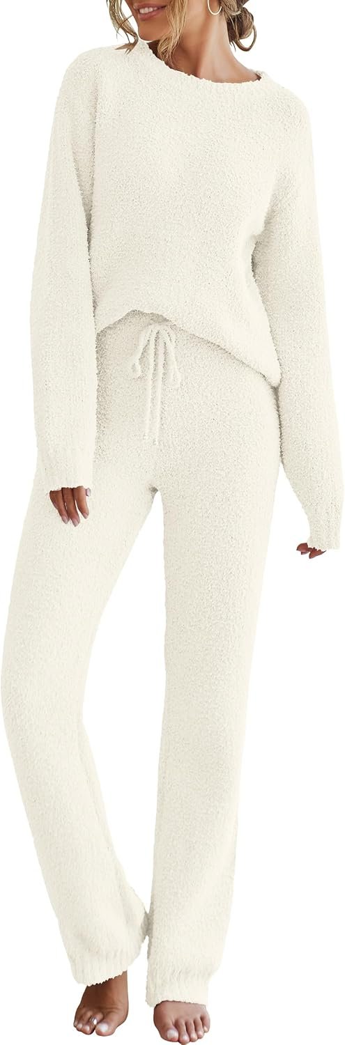 MEROKEETY Womens Pajama Sets 2026 Fall Lounge Sweater Set Cute Fuzzy Fleece 2 Piece Long Sleeve Cozy Winter Pj Outfits