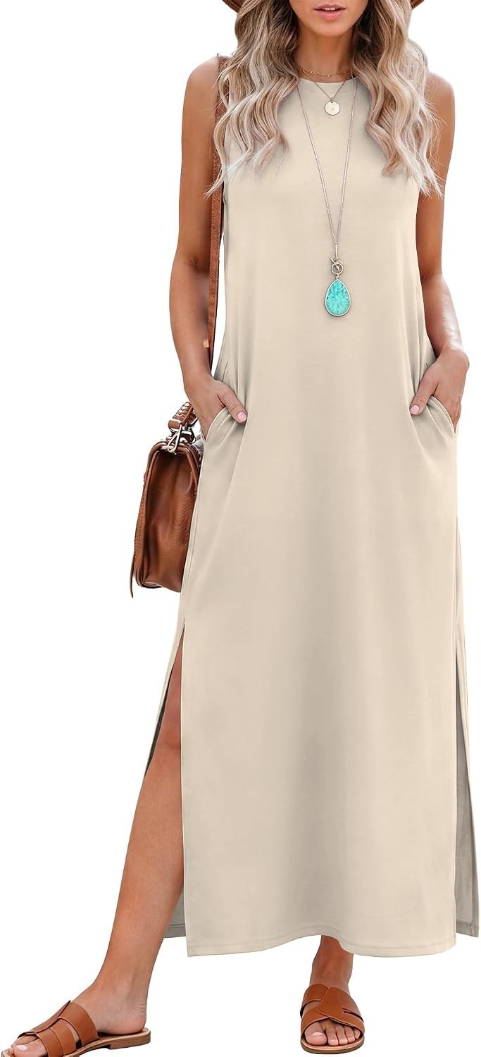 RUMIA Summer Dresses for Women Casual Maxi Side Slit Long Dress with Pockets (S-XXL)