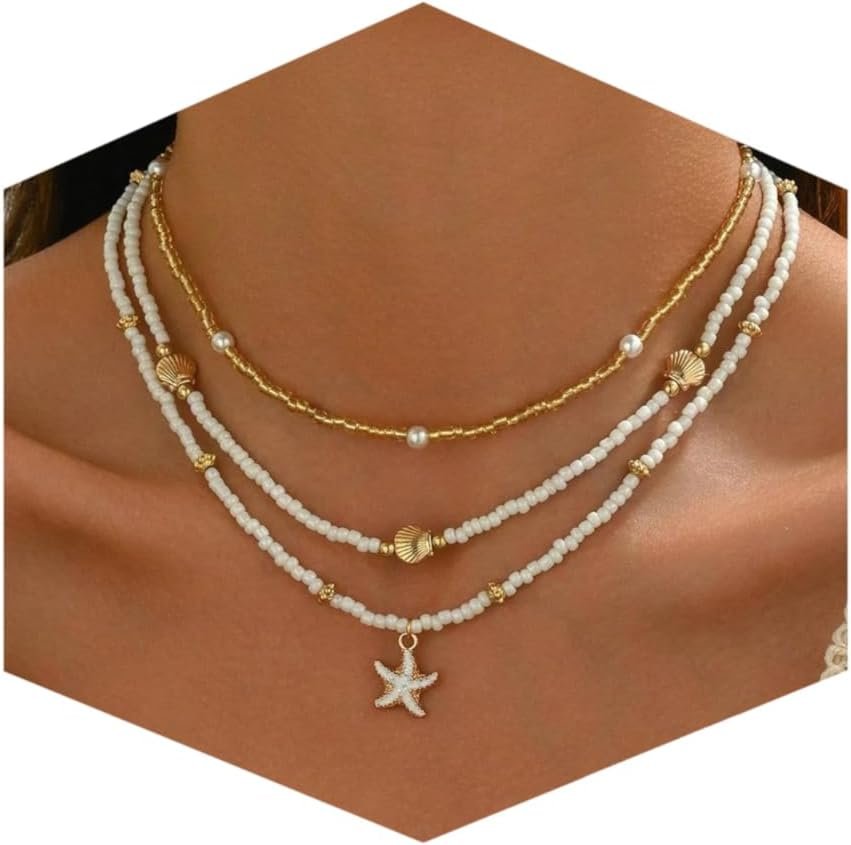 Shell Starfish Necklace for Women, 14k Gold Plated Boho Layered Beaded Charm Pendant Necklace, Dainty Adjustable Pearl Conch Summer Beach Vacation Jewelry Gifts
