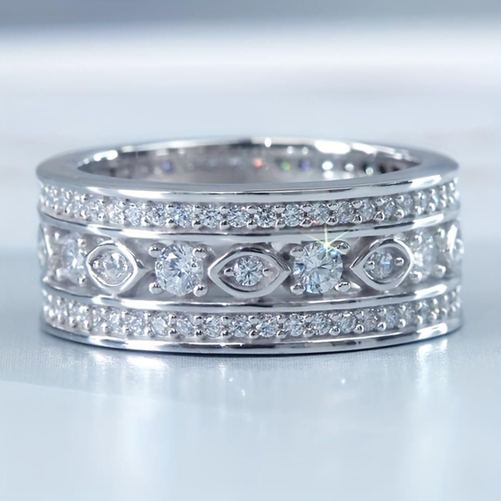 White Gold Plated Cubic Zirconia Exquisite Luxurious Wide Statement Ring Personalized Accessory Ideal for Women’s Daily Casual Wear Party Holiday Anniversary Love Jewelry Gift