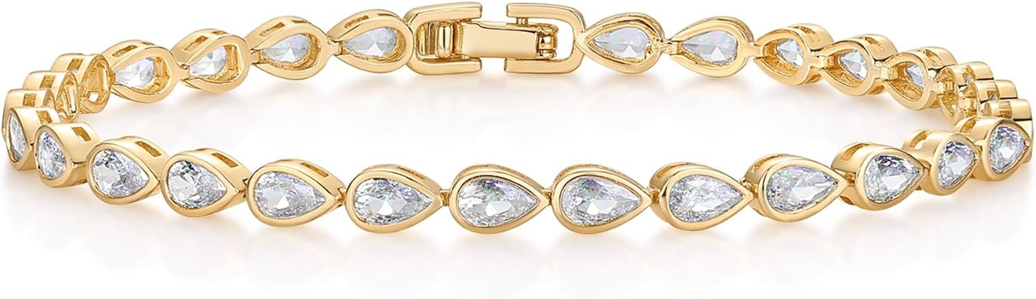 PAVOI 14K Gold Plated Tennis Bracelets for Women – Bezel Set Cubic Zirconia Bracelet – Simulated Diamonds Round, Trillion, Trinity, Radiant, Pear, Valentines Day Heart Cut Stones Wedding Jewelry Gifts for Brides