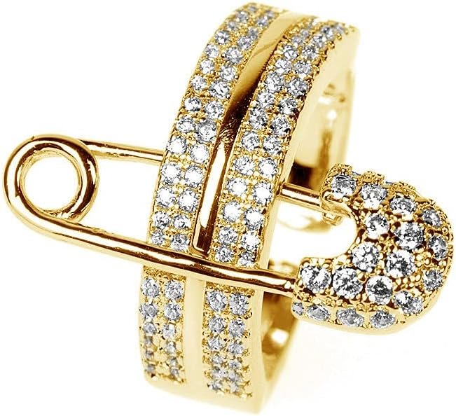 NewZenro Wide Flat CZ Safety Pin Chunky Open Rings Fashion Gold/Silver Plated Cubic Zirconia Paved Expandable Engagement Promise Statement Band Rings Opening Rings for Women Birthday Party 17mm