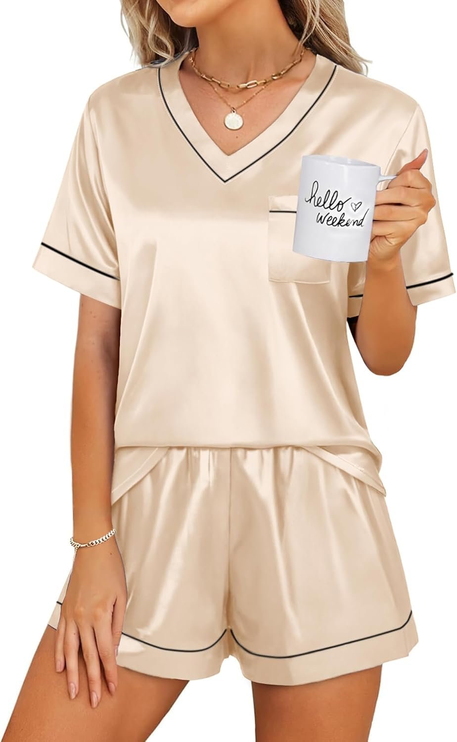 WIHOLL Silk Pajamas for Women Short Sleeve Sleepwear Soft Lounge Sets 2 Piece Satin Pjs