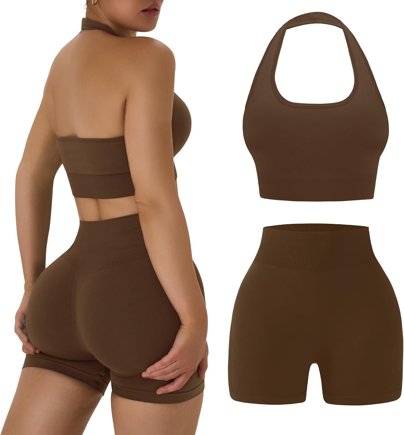 OLCHEE Workout Sets for Women 2 Piece Backless Halter Sports Bra High Waist Booty Shorts Yoga Gym Outfits Lounge Activewear