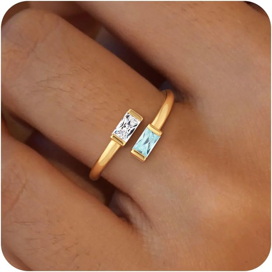 Honsny Gold Birthstone Rings for Women Non Tarnish 14K Gold Plated Adjustable Emerald Ring Cubic Zirconia Gemstone Promise Ring for Her Engagement Personalized Waterproof Jewelry Gifts for Birthday
