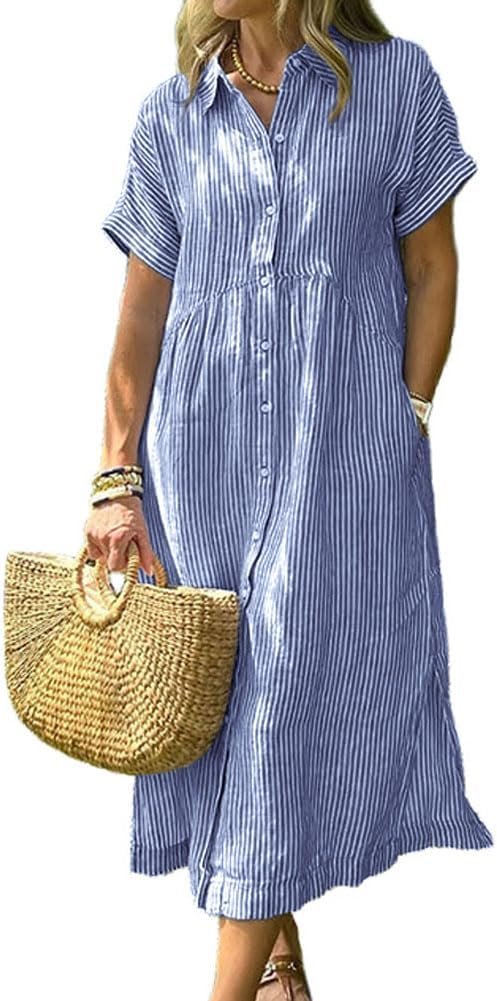chouyatou Women’s Summer Striped Midi Long Shirt Dress Casual Loose Short Sleeve Button Down Dress