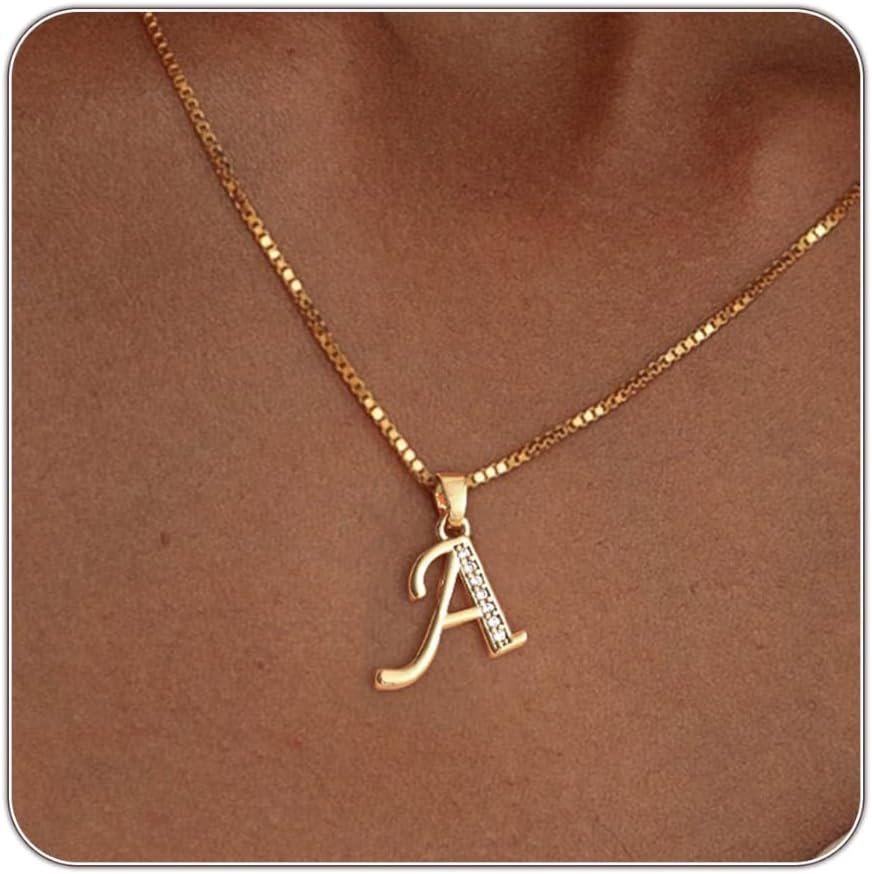 Initial Necklace for Women, 14K Gold Silver Plated Box Chain Letter Pendant, Trendy Name Necklace, Dainty Personalized Charm Jewelry Gift for Her