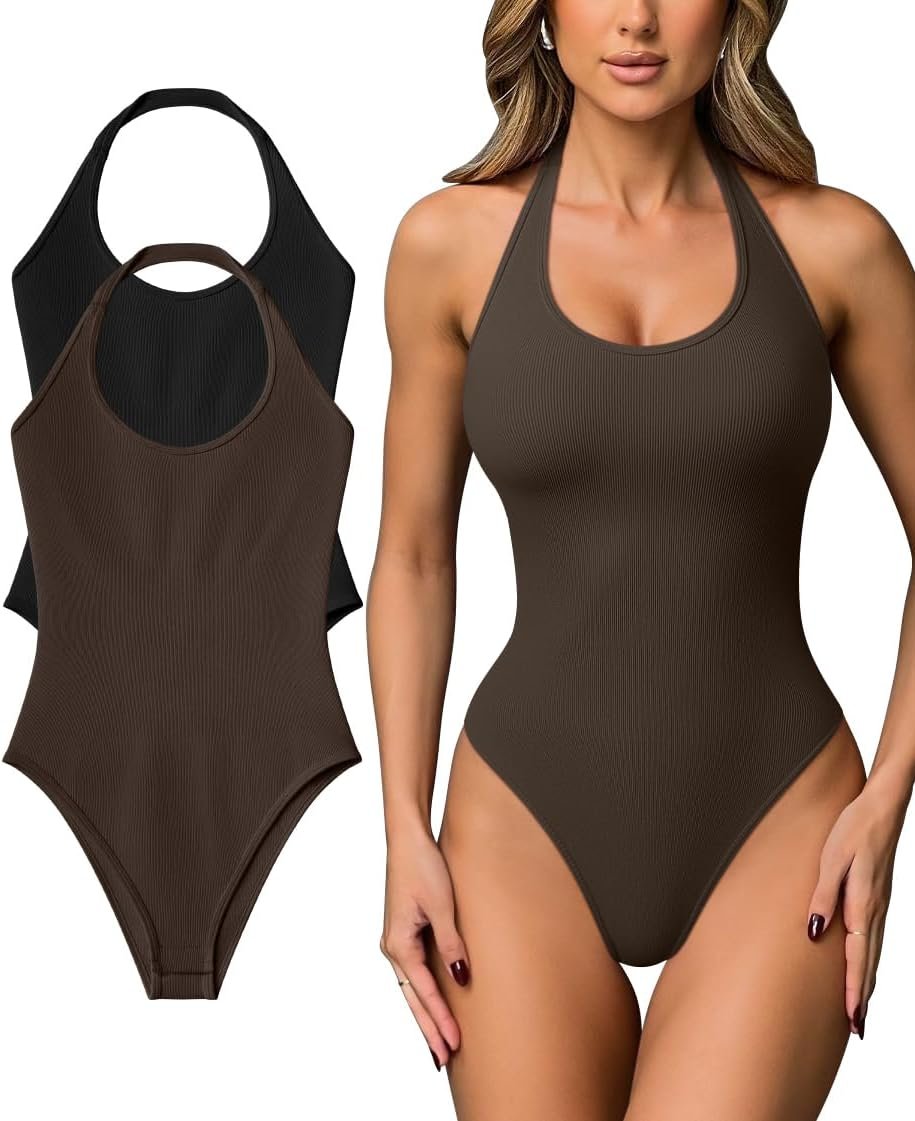 OQQ Women Halter Neck Bodysuits 2 Pack Sleeveless Shapewear One Piece Leotard Shirt Going Out Tops