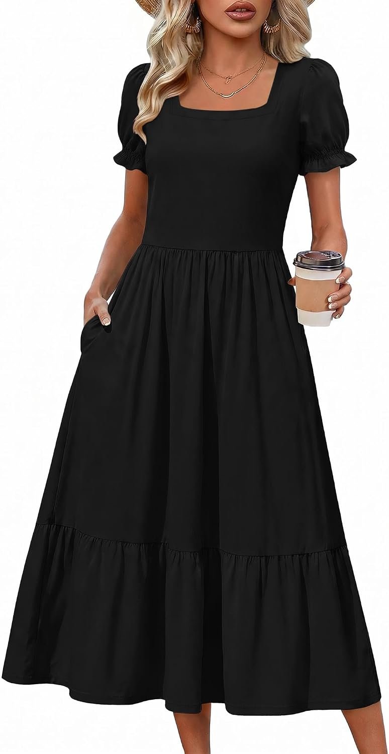 Zeagoo Summer Dresses for Women Flowy Casual Midi Dress Short Sleeve Tiered Dress Beach Vacation Sundresses with Pockets