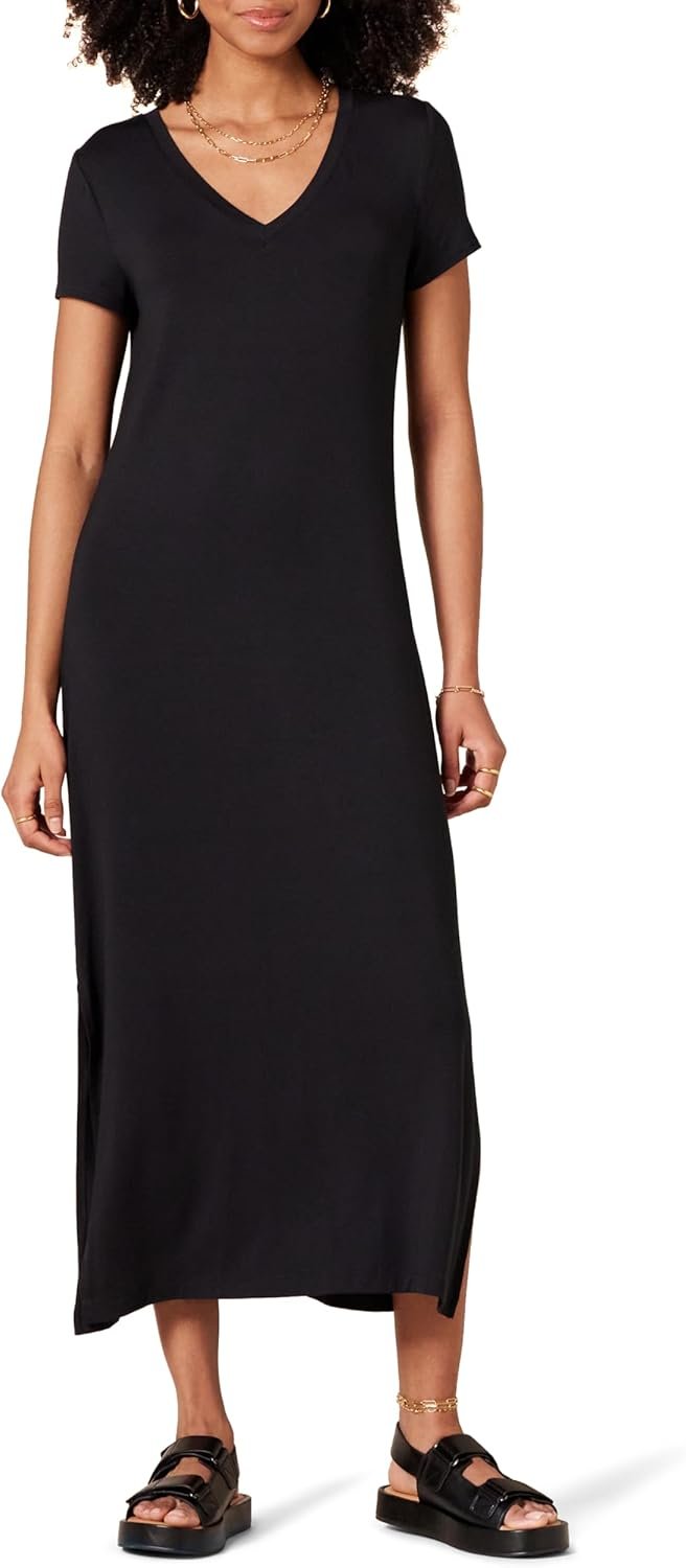 Amazon Essentials Women’s Regular Fit Jersey V-Neck Short Sleeve Midi Length T-Shirt Dress, Soft Viscose Stretch Jersey with Side Slits