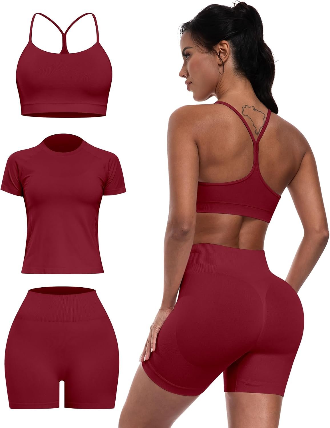 Women 3 Piece Workout Sets Seamless Running Tops Athletic Gym Yoga Short Y Back Sports Bras Outfits