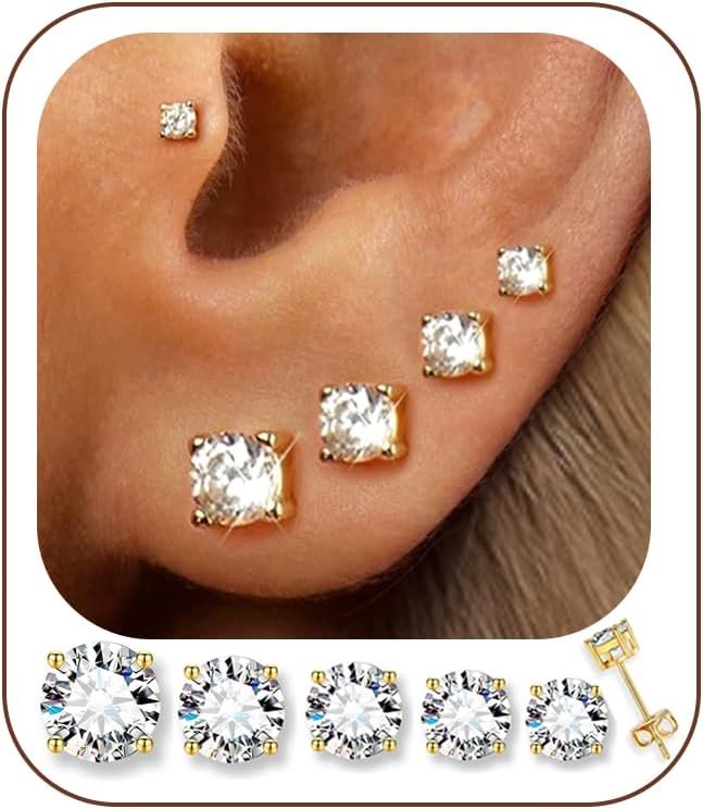 5 Pairs 14K Gold Plated Stud Earrings for Women, Hypoallergenic Earring Sets for Multiple Piercing, Premium Cubic Zirconia Studs Earrings for Women