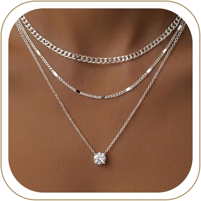 WomenGifts Layered Gold Necklaces for Women, 14K Gold Sterling Silver Plated Dainty Pendant Necklace Set Non Tarnish, Chunky Stackable Cuban Chain Choker, Trendy Birthstone Vacation Jewelry Gift
