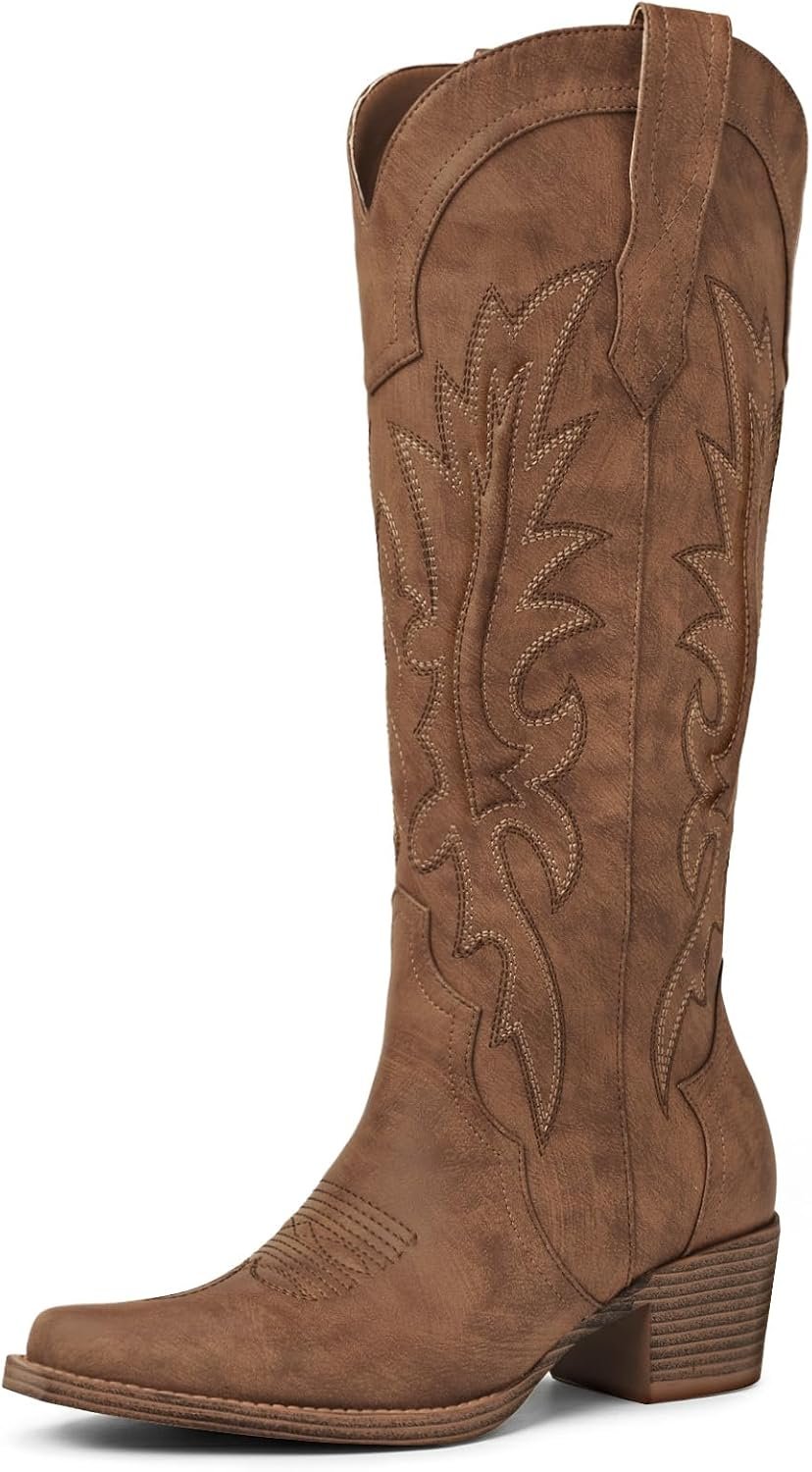 Women’s Knee High Cowboy Boots Pointed Toe Embroidered Western Boots Chunky Heel Fashion Cowgirl Tall Boots for Concert Festival Fall Outfits