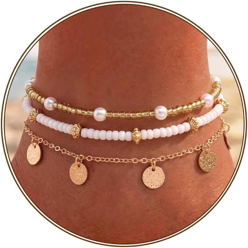 Qceasiy Shell Ankle Bracelet Set for Women, Gold Plated Boho Bead Adjustable Anklet, Hawaiian Beach Seashell Pearl Heart Starfish Conch Foot Jewelry Gifts