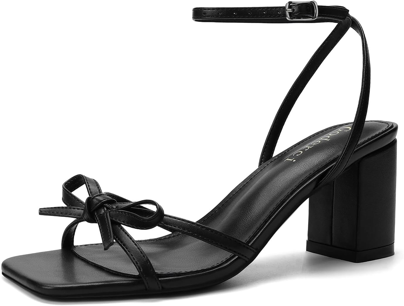 Goderci Bow Strappy Heels for Women Square Open Toe Mid Chunky Block Heeled Sandals