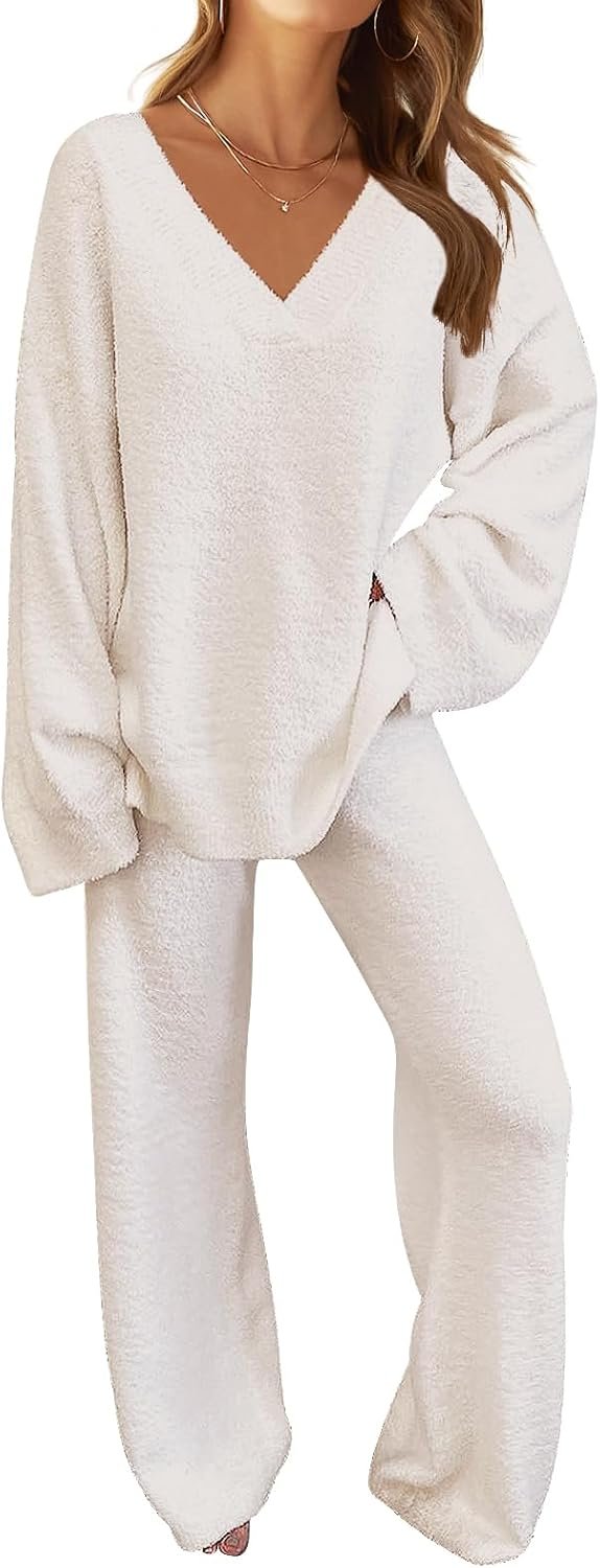 MEROKEETY Women’s Fall Lounge Sets 2026 Fashion 2 Piece Outfits Sweater Pajama Set Fuzzy Loungewear Matching Winter Clothes