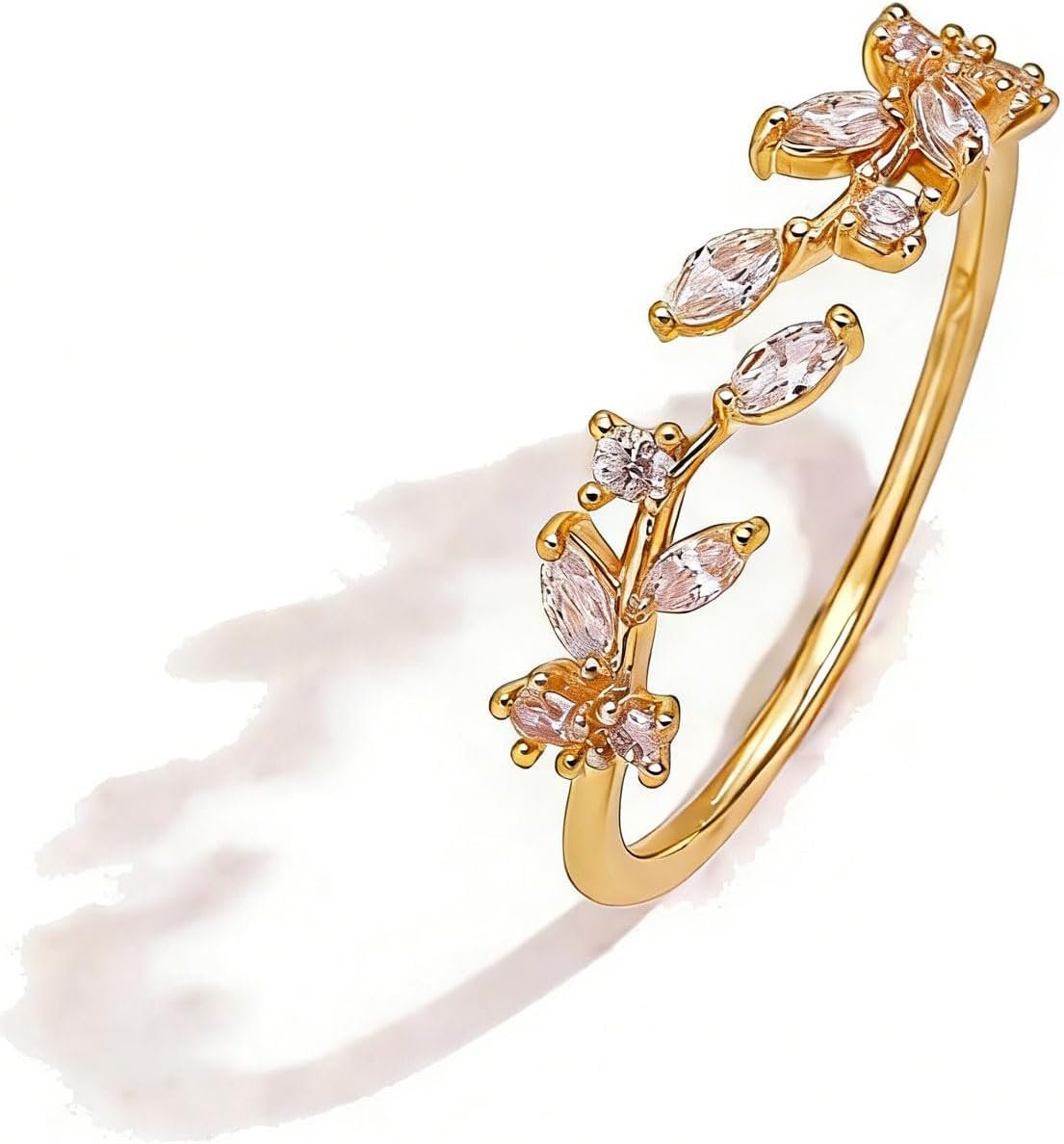 Gold Rings Non Tarnish Silver Adjustable Rings for Women Cubic Zirconia Leaf Ring Dainty Silver Stackable Ring for Women