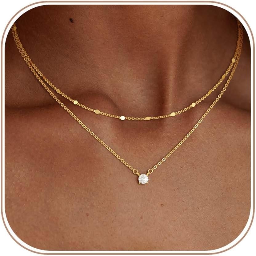 Coshilta Layered Gold Necklaces for Women, 14K Plated Gold Sterling Silver Plated Dainty Pendant Necklace Set with Cubic Zirconia,Stackable Chain Choker,Trendy Personalized Jewelry Gift Non Tarnish
