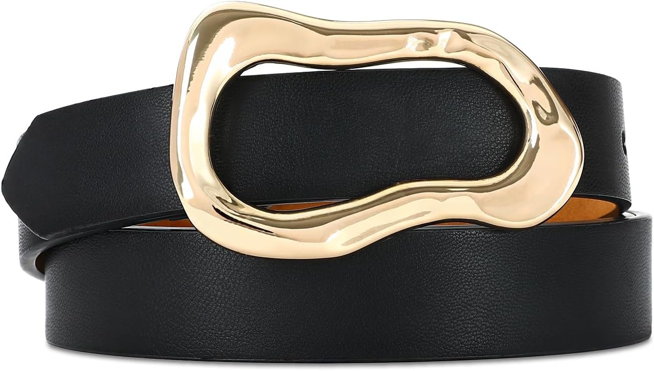 RISANTRY Black Belt for Women Stylish Gold Buckle Fashion Leather Waist Belt Perfect for Jeans and Dresses