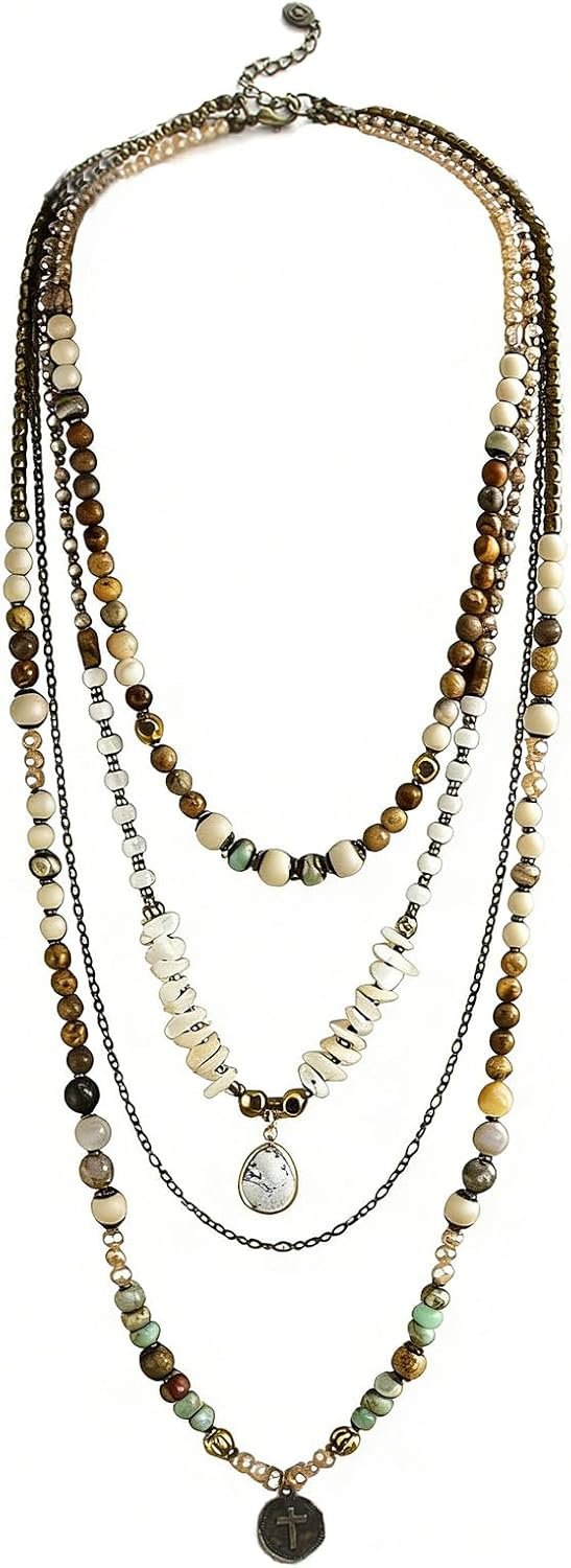 Yomisa Boho Layered Necklaces for Women Trendy,Multi-layer Beaded Long Necklace for Women,Bohemian Handmade Layering Natural Beads Chain Pendant Necklace Statement Western Beach Jewelry Gift